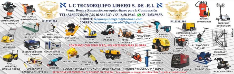 Generators, lighting towers, winches, vibrators, trowels, vibrating plates, floor mowers, scaffolding, ladders, platforms, hammocks, vibratory rollers, mixers 