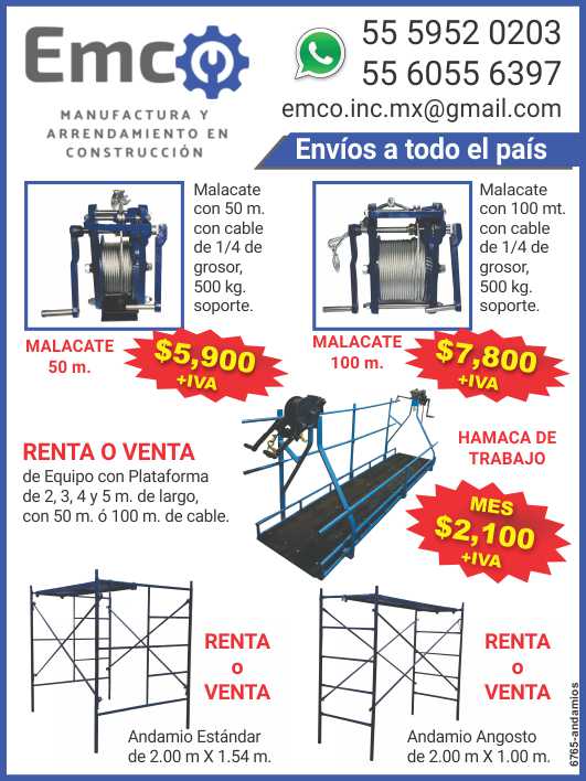 Winches, scaffolding, rental or sale of equipment with a platform of 2, 3, 4, 5m long with 50m or 100m of cable, shipping to the whole country
