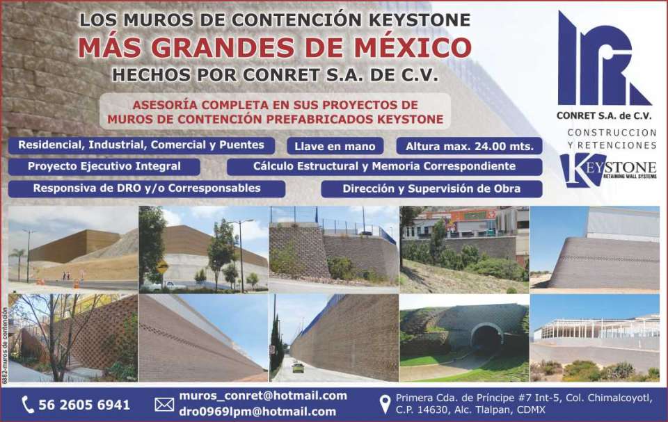 The largest KEYSTONE RETAINING WALLS in Mexico, manufactured by CONRET. Construction and Retention. Comprehensive consulting for your prefabricated KEYSTONE retaining wall projects. The largest KEYSTONE RETAINING WALLS in Mexico, manufactured by CONRET. Construction and Retention. Comprehensive consulting for your prefabricated KEYSTONE retaining wall projects.