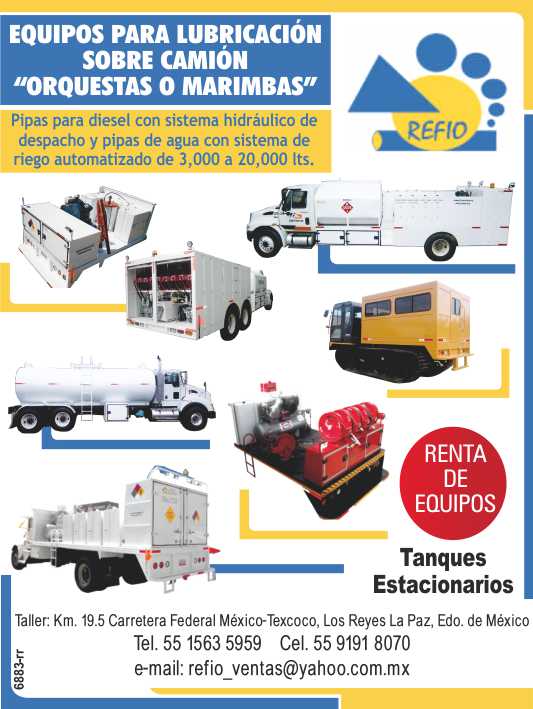 Refio, Lubrication equipment, diesel pipes, water pipes, trailers, marimba trucks, bodies, fuel pumps, EQUIPMENT RENT.