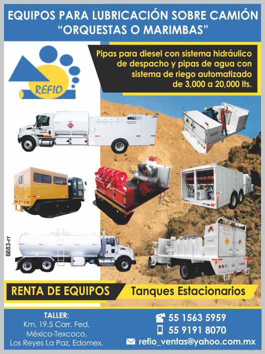 Refio, Lubrication equipment, diesel pipes, water pipes, trailers, marimba trucks, bodies, fuel pumps, EQUIPMENT RENT.