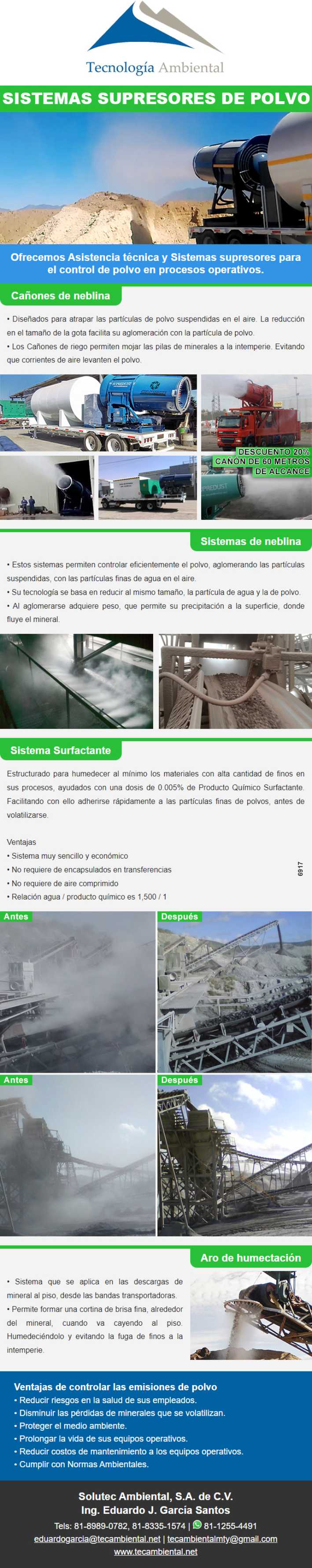 Supresores de polvo con cañones y sistemas de neblina, y con Aro de humectacion para controlar las emisiones de polvo. Supresores de polvo con cañones y sistemas de neblina, y con Aro de humectacion para controlar las emisiones de polvo.