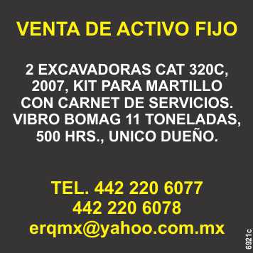 Venta de activo fijo, 2 excavadoras Cat con kit para martillo, 1 vibrocompactador Bomag