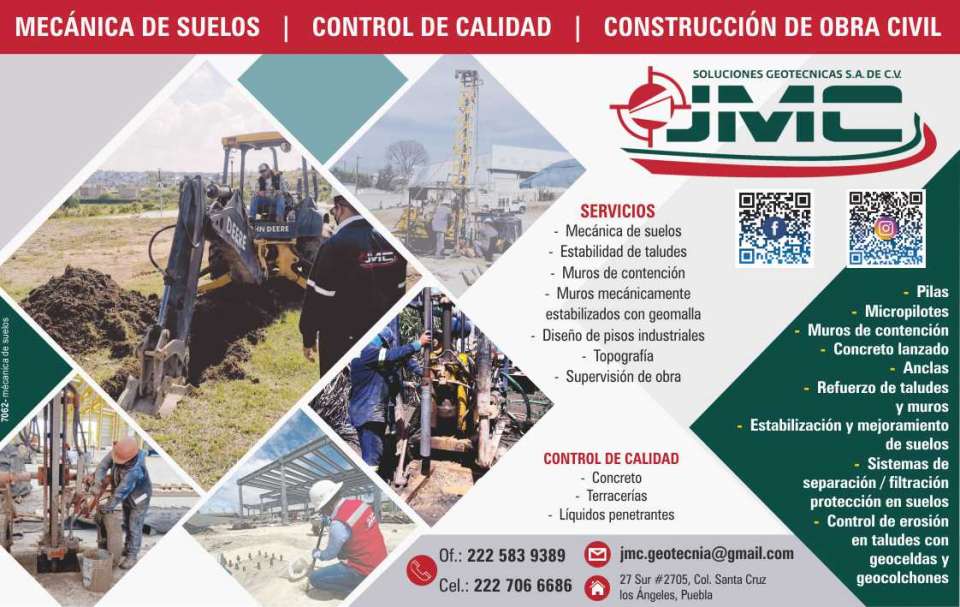 JMC Geotechnical Solutions. Services: Soil mechanics / Slope stability / Retaining walls / Mechanically stabilized walls with geogrid / Design of industrial floors / Topography