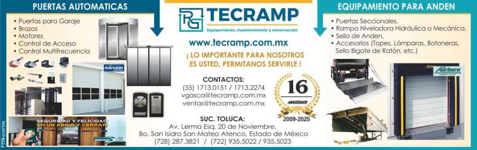 Puertas Automaticas: para Garaje, Brazos, Motores, Control de Acceso, Control Multifrecuencia. Equipamiento para Anden: Puertas Seccionales, Rampa Niveladora, Sello de Anden, Accesorios. Puertas Automaticas: para Garaje, Brazos, Motores, Control de Acceso, Control Multifrecuencia. Equipamiento para Anden: Puertas Seccionales, Rampa Niveladora, Sello de Anden, Accesorios.