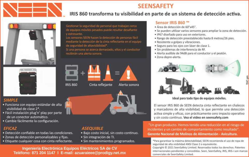 IRIS 860 sensor detects people, by detecting the Reflective Tape on the High Visibility Safety Equipment. If someone gets too close, they will receive an audible alert. Seensafety.