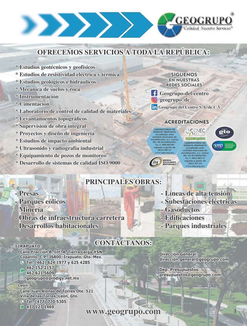 Control de calidad en materiales y procesos, supervision de obra, topografia, ingenieria ambiental y direccion de proyectos