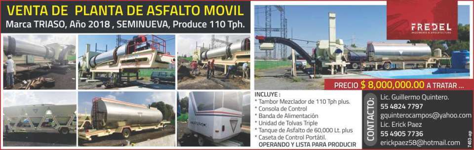 Sale of mobile asphalt plant, Triaso brand, year 2018 semi-new, produces 110 Tph.