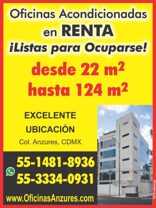 Rent of Luxury Offices in av. Thiers 135, Anzures, Mexico City. From 12 to 124 m2 Conditioned, ready to move in.