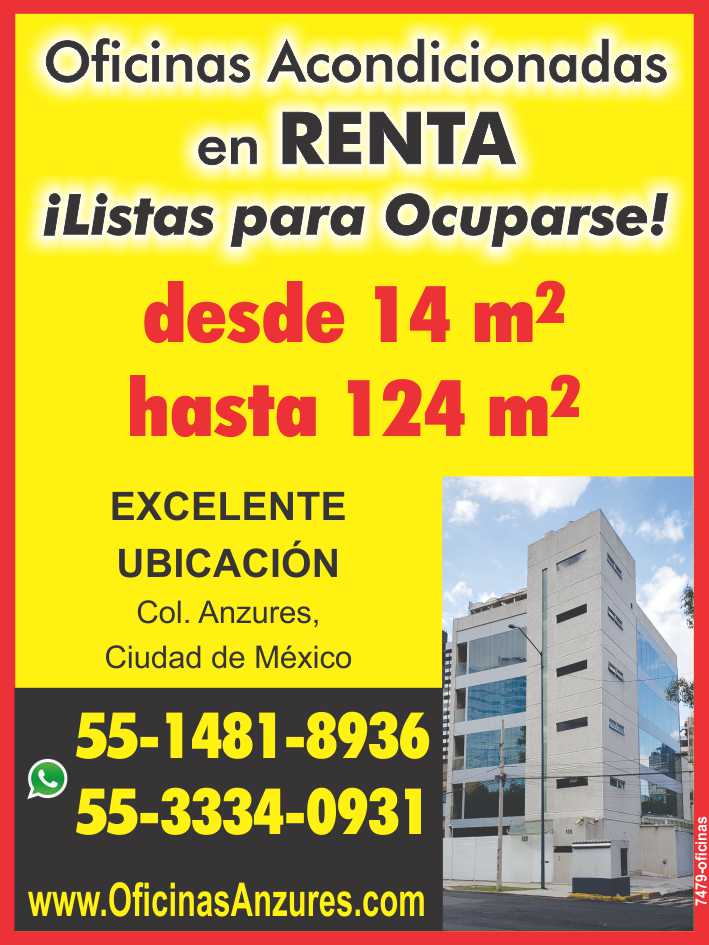 Rent of Luxury Offices in av. Thiers 135, Anzures, Mexico City. From 12 to 124 m2 Conditioned, ready to move in.