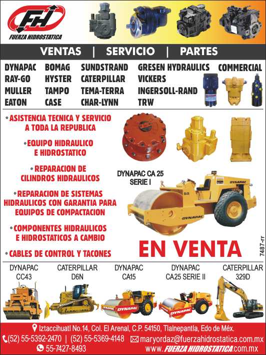 Ventas, Servicio, Partes. Asistencia tecnica y servicio a toda la Republica. Equipo Hidraulico e Hidrostatico. Reparacion de cilindros hidraulicos. Cables de Control y Tacones.