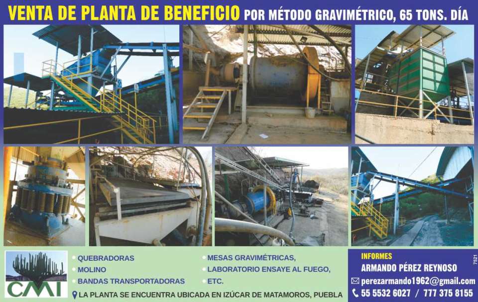 Beneficiation Plant by Gravimetric Method, 65 tons.day, crushers, mill, conveyor belts, gravimetric tables, fire test laboratory