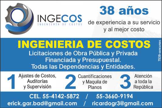 Licitaciones de Obra Publica y Privada Financiada y Presupuestal. Ajustes de Costos, Auditorias, Supervision, Cuantificaciones y Maquila de Planos. Licitaciones de Obra Publica y Privada Financiada y Presupuestal. Ajustes de Costos, Auditorias, Supervision, Cuantificaciones y Maquila de Planos.