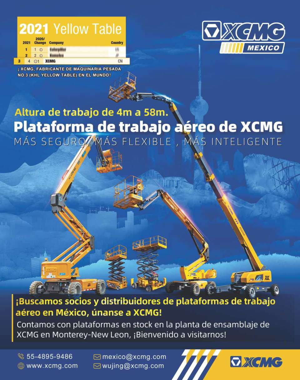 ¡Buscamos socios y distribuidores de plataformas de trabajo aereo en Mexico, unanse a XCMG! Altura de trabajo de 4 a 58 mts.