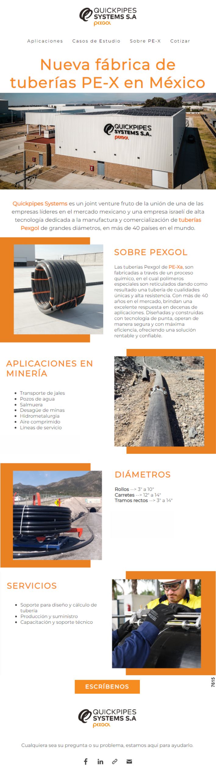 Nueva fabrica de tuberias PE-X en Mexico. Quickpipes Systems es un joint venture de alta tecnologia dedicada a la manufactura y comercializacion de tuberias Pexgol de grandes diametros.