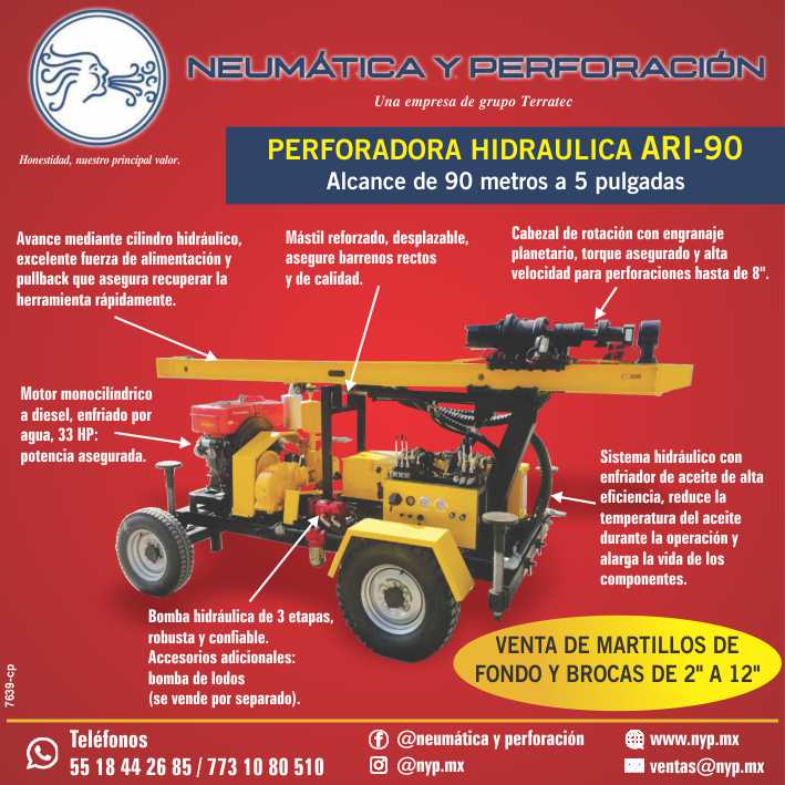 Hydraulic Drill ARI-90, range of 90 meters at 5 inches. Sale of bottom hammers and bits from 2 to 12 inches. NYP