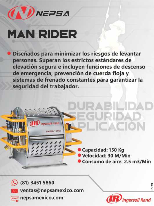 Man Rider, Diseñados para minimizar los riesgos de levantar personas Capacidad: 150 kg., Velocidad: 30 M/Min. Consumo de aire: 2.5 m3/Min.