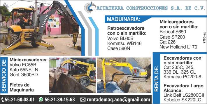Equipo para Construccion, Excavadoras, Fletes con Low Boy, Fletes y Maniobras, Maquinaria Pesada, Mini-excavadoras, Minicargadores, Retroexcavadoras