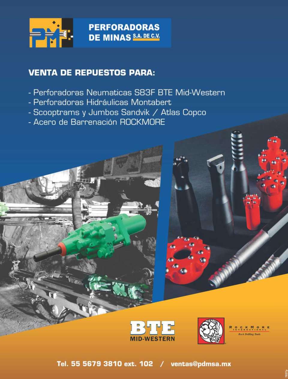 Sale of Spare Parts for S83F BTE Mid Western Pneumatic Drills, Montabert Hydraulic Drills, Scooptrams and Sandvik / Atlas Copco Jumbos, ROCKMORE Drilling Steel