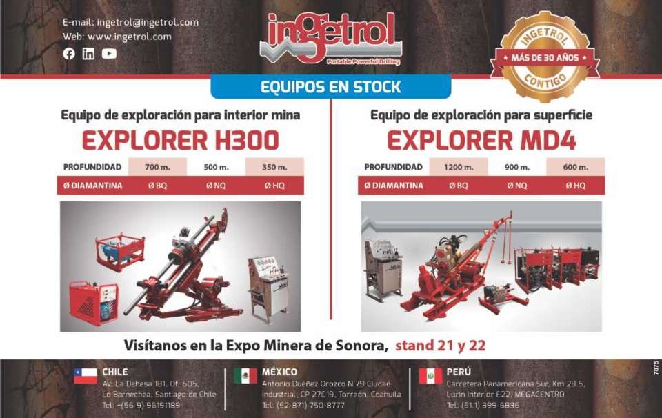 Exploration equipment for inside the mine and on the surface, models that cover depths from 30 meters to 1300 meters at any drilling angle