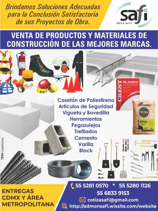 Sale of Rod, Wire Drawing, Cement, Block, Pegazulejos, Security Items, Tools, Polystyrene Caseton, Joist and Bovedilla and more Products. Deliveries CDMX and Metropolitan Area.
