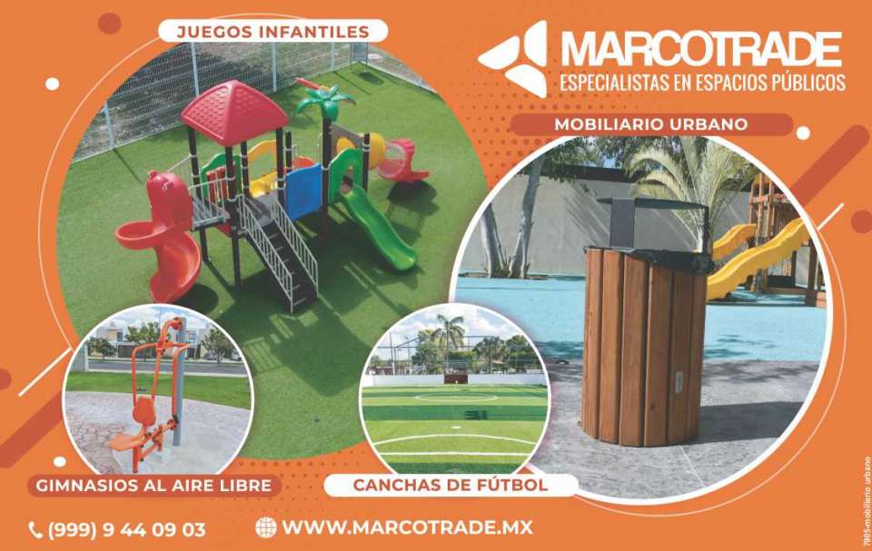 Specialists in public spaces, childrens games, urban furniture, synthetic grass