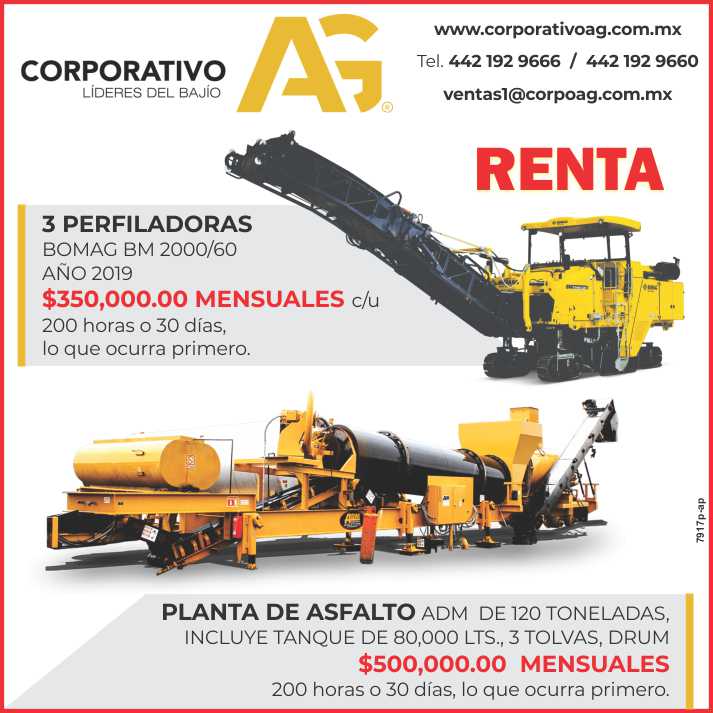 Rent of 3 BOMAG BM 2000/60 Roll Forming Machines year 2019 and ADM Asphalt Plants of 12 Tons, Includes 80,000 liter tank. and 3 Drum Hoppers per day and hours.
