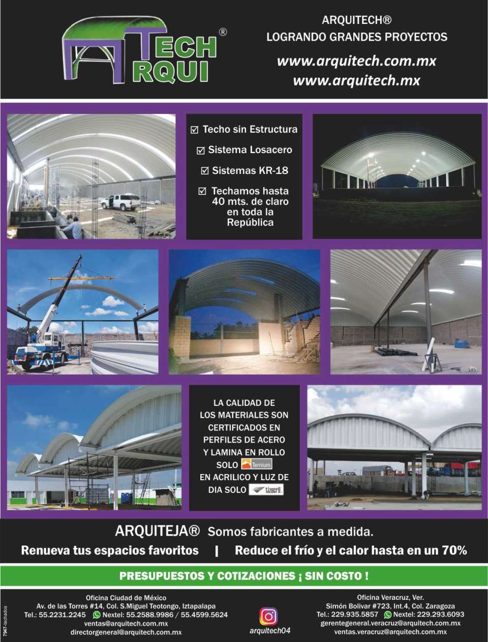 Ceilings without structure, losacero system, KR-18 systems, we roof up to 40 meters. of clear throughout the Republic, ternium, tizacril