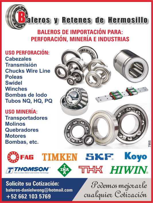 Import Bearings for: DRILLING, MINING AND INDUSTRIES. Perforation use: Heads, Transmission, Chucks Wire Line, Pulleys, Swidel, Winches. Mining use: Conveyors, Mills, Breakers