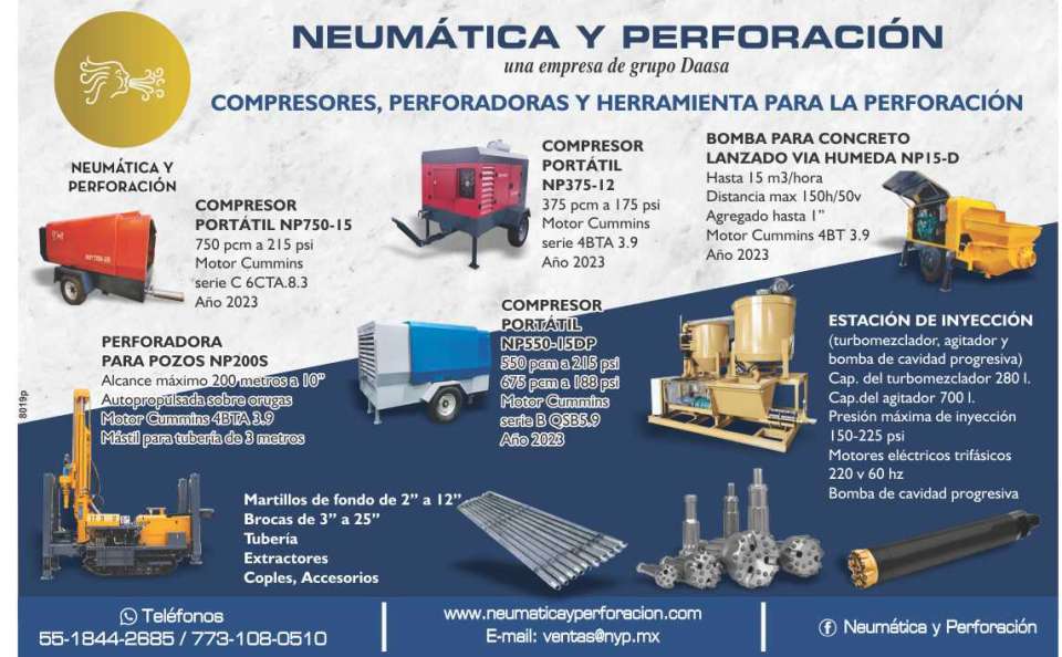 Compressors, Drills and Drilling Tools. Down-the-hole hammers, drill bits, pipes, extractors, couplings, accessories, shotcrete pumps, injection station. Pneumatics and Perforation.