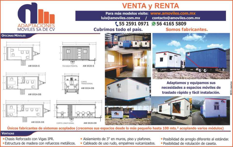 Sale and Rent of Mobile Offices, Mobile Warehouses. Mobile spaces for fast transportation and easy installation. Coupled systems. We grow their spaces up to 100 m2.