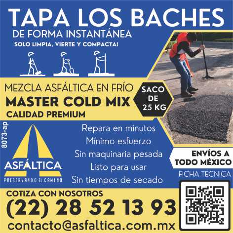 Master Cold Mix, Premium Quality. 25 kg bag. Cover Potholes Instantly. Minimum Effort, Without Heavy Machinery, Ready to Use, Without drying times. Shipping to all Mexico