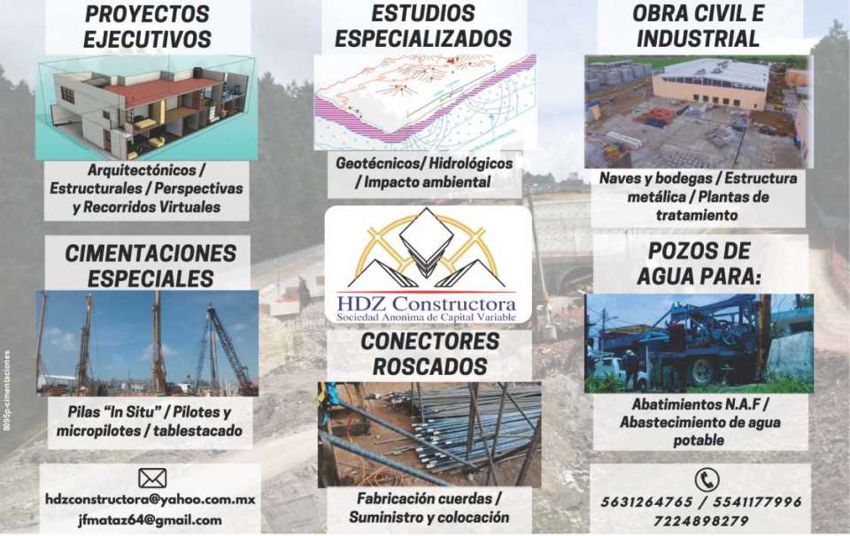 Water Wells, Abatement Systems, Deep Foundations, Civil Works, Electromechanical Works, Metallic Structure, Warehouses and Warehouses. Anchors, Drains, Shotcrete, Sheet Piling, Berlin Wall