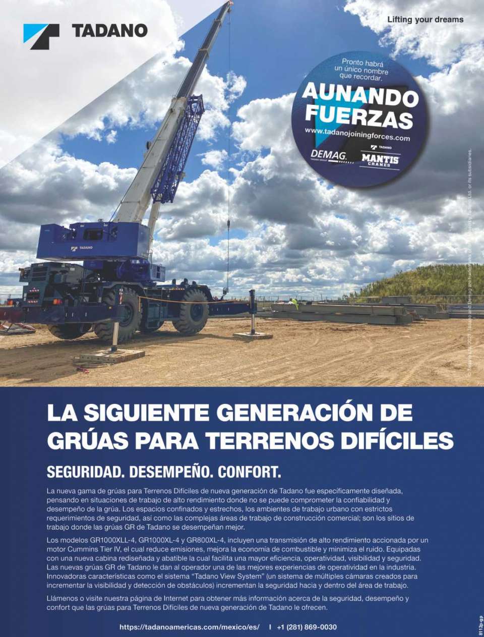 New range of new generation rough terrain cranes from Tadano designed for high performance work. Models GR1000XLL-4, GR1000XL-4 and GR800XL-4.