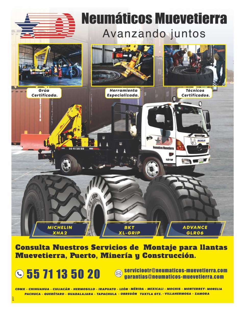 Assembly Services for Tires Muevetierra, Port, Mining and Construction. Certified Crane, Specialized Tools, Certified Technicians. Michelin XHA2, BKT XL-Grip, Advance GLR06