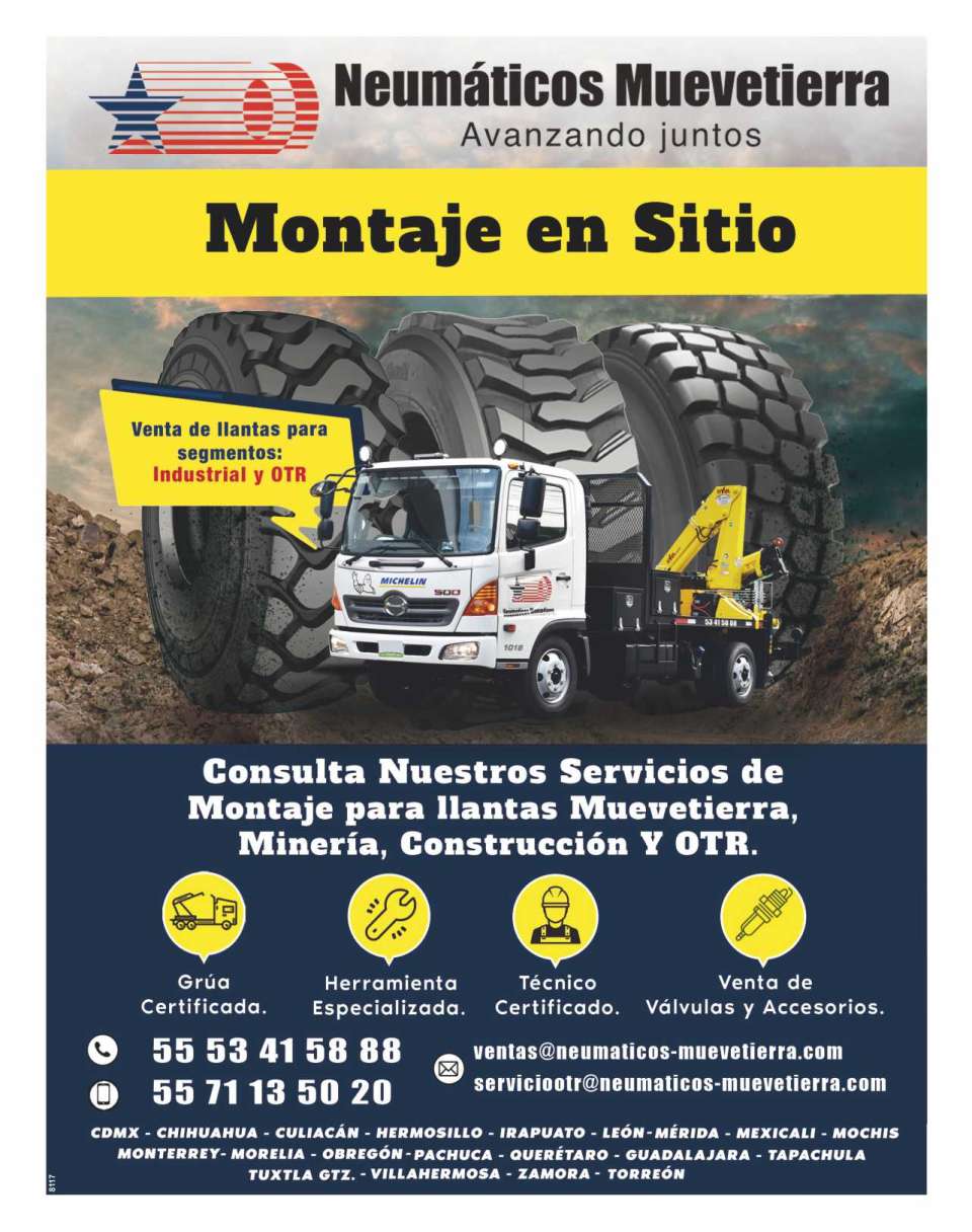 Assembly Services for Tires Muevetierra, Port, Mining and Construction. Certified Crane, Specialized Tools, Certified Technicians. Michelin XHA2, BKT XL-Grip, Advance GLR06