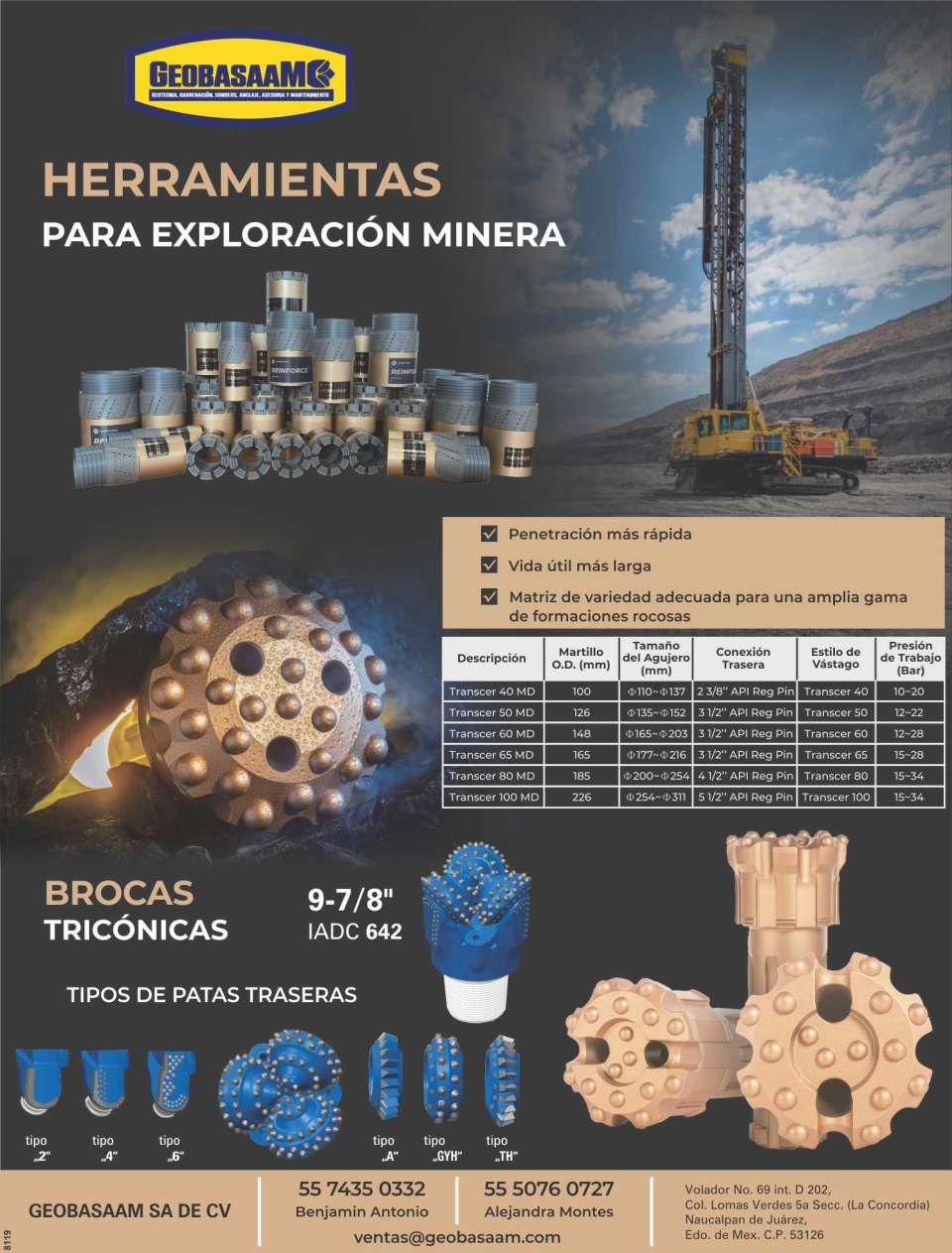 Herramientas para Exploracion Minera, Brocas Triconicas IADC 642. Herramienta de Perforacion, Geotecnia, Barrenacion, Sondeos, Anclaje, Asesoria y Mantenimiento.