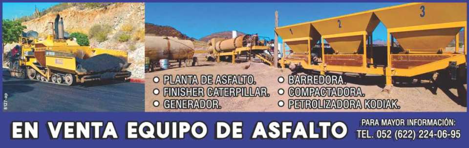 Equipment: Asphalt Plant. Finisher Caterpillar. Generator. sweeper. Compactor. Kodiak Oil Plant.