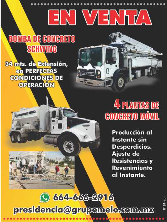 En VENTA Bomba de Concreto Schwing 34 mts. de extension, en Perfectas Condiciones de Operacion. 4 Plantas de Concreto Movil produccion al instante sin desperdicios. En VENTA Bomba de Concreto Schwing 34 mts. de extension, en Perfectas Condiciones de Operacion. 4 Plantas de Concreto Movil produccion al instante sin desperdicios.