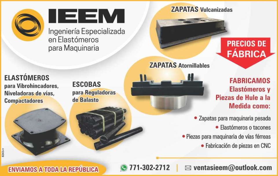 Fabricamos elastomeros y piezas de hule a la medida, zapatas para maquinaria pesada, tacones, piezas para maquinaria de vias ferreas, piezas en CNC, escobas para reguladoras de balasto Fabricamos elastomeros y piezas de hule a la medida, zapatas para maquinaria pesada, tacones, piezas para maquinaria de vias ferreas, piezas en CNC, escobas para reguladoras de balasto
