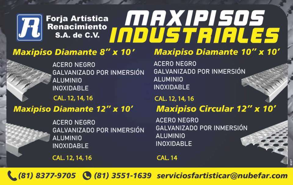 Maxipiso Diamante 8x10, 10x10, 12x10 cal.12,14,16 Maxipiso Circular 12x10 cal.14 Acero Negro, Galvanizado por inmersion, Aluminio Inoxidable