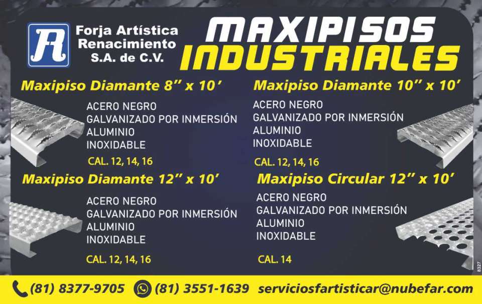 Maxipiso Diamante 8x10, 10x10, 12x10 cal.12,14,16 Maxipiso Circular 12x10 cal.14 Acero Negro, Galvanizado por inmersion, Aluminio Inoxidable Maxipiso Diamante 8x10, 10x10, 12x10 cal.12,14,16 Maxipiso Circular 12x10 cal.14 Acero Negro, Galvanizado por inmersion, Aluminio Inoxidable