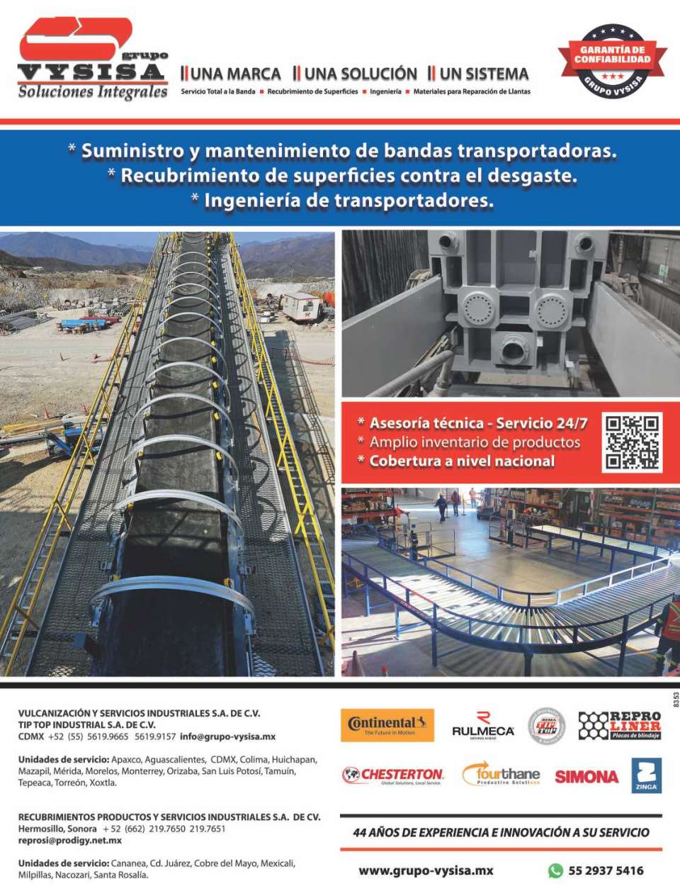 Suministro y Mantenimiento de Bandas Transportadoras. Recubrimientos de Superficies contra el desgaste. Ingenieria de Transportadores. Continental, Rulmeca, Reproliner, Chesterton, Simona.