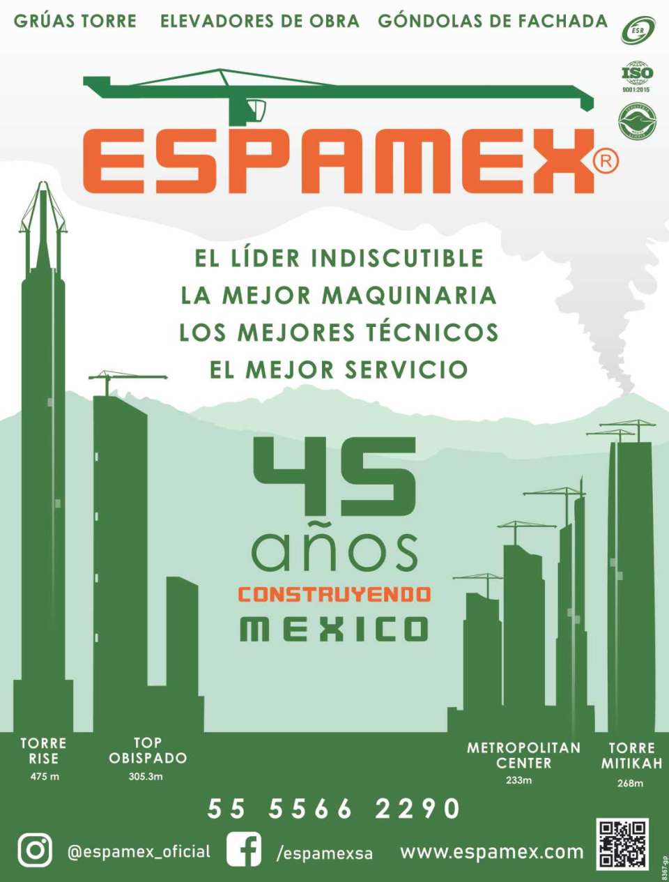 Tower Cranes, Construction Elevators, Facade Gondolas. Thanks to your Trust, 80% of the tallest Towers in Mexico have been built with Espamex Equipment. 45 Years Building Mexico.