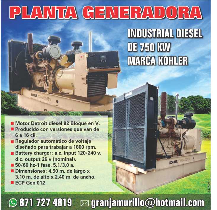 Planta generadora industrial diesel de 750 KW, marca Kohler, motor Detroit Diesel 92 bloque en V, producido con versiones que van de 6 a 16 cil. regulador automatico de voltaje