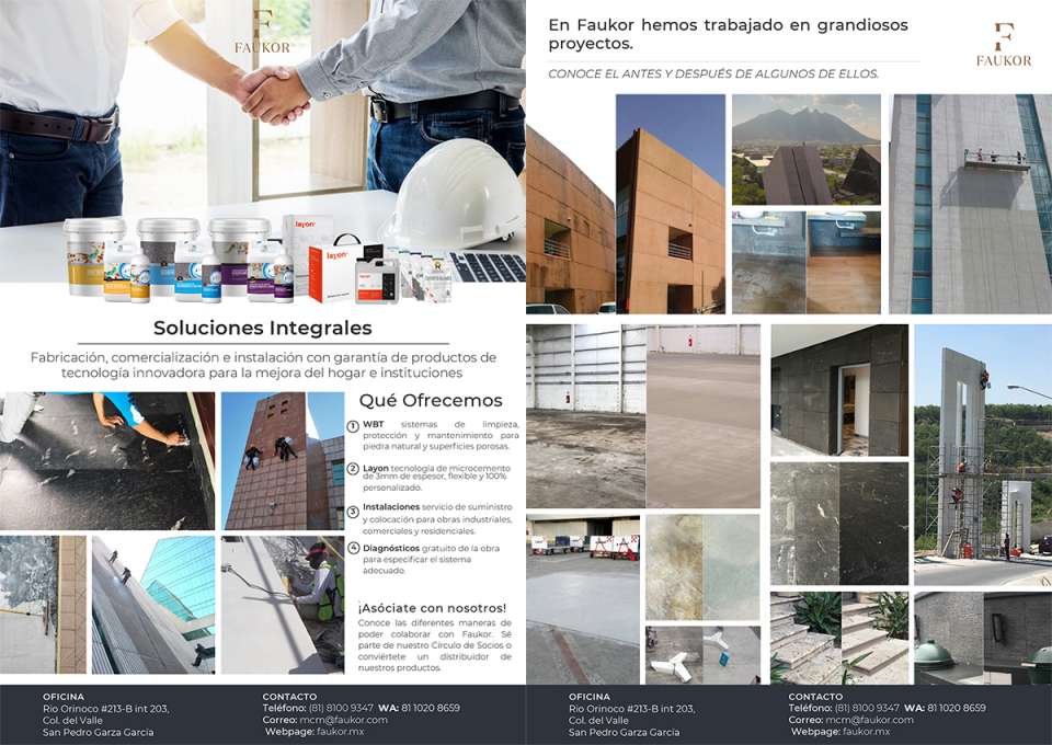 1) WBT Cleaning, protection and maintenance systems for natural stone and porous surfaces. 2) Layon microcement technology. 3) Facilities, supply and placement. 4) Diagnosis