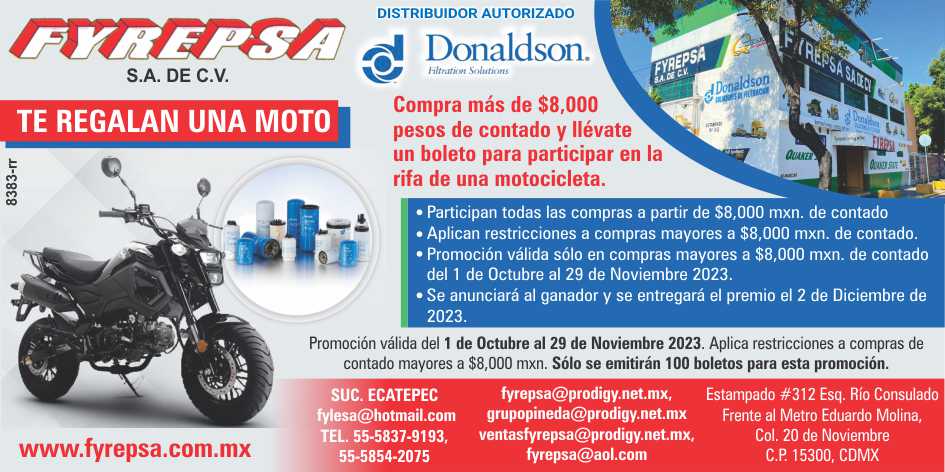 FYREPSA gives you a motorcycle!! Buy more than 8,000 pesos in cash and get a ticket to participate in the raffle for a motorcycle. All purchases from $8,000 mxn in cash participate.