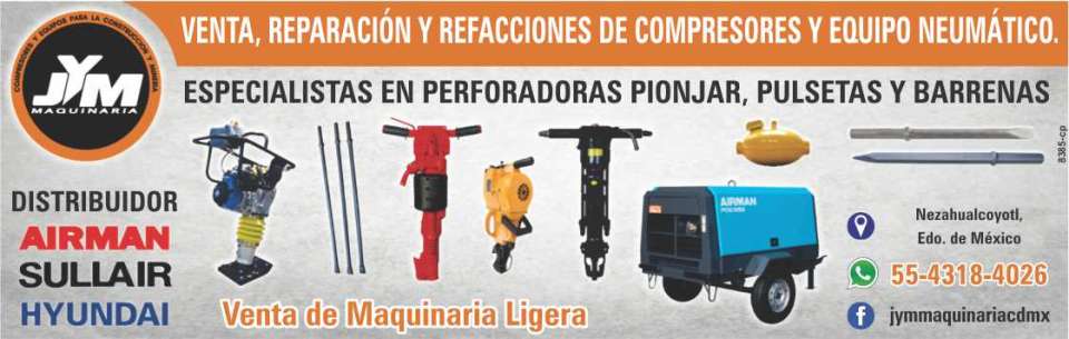 Venta, Reparacion y Refacciones de Compresores y Equipo Neumatico. Especialistas en Perforadoras Pionjar Pulsetas y Barrenas. Distribuidor: Airman, Sullair, Hyundai. Venta de Maquinaria Ligera. Venta, Reparacion y Refacciones de Compresores y Equipo Neumatico. Especialistas en Perforadoras Pionjar Pulsetas y Barrenas. Distribuidor: Airman, Sullair, Hyundai. Venta de Maquinaria Ligera.