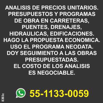 Analysis of unitary prices. Budgets and work programs for roads, bridges, drainage, hydraulics, buildings. I make the economic proposal. I use the Neodata program.