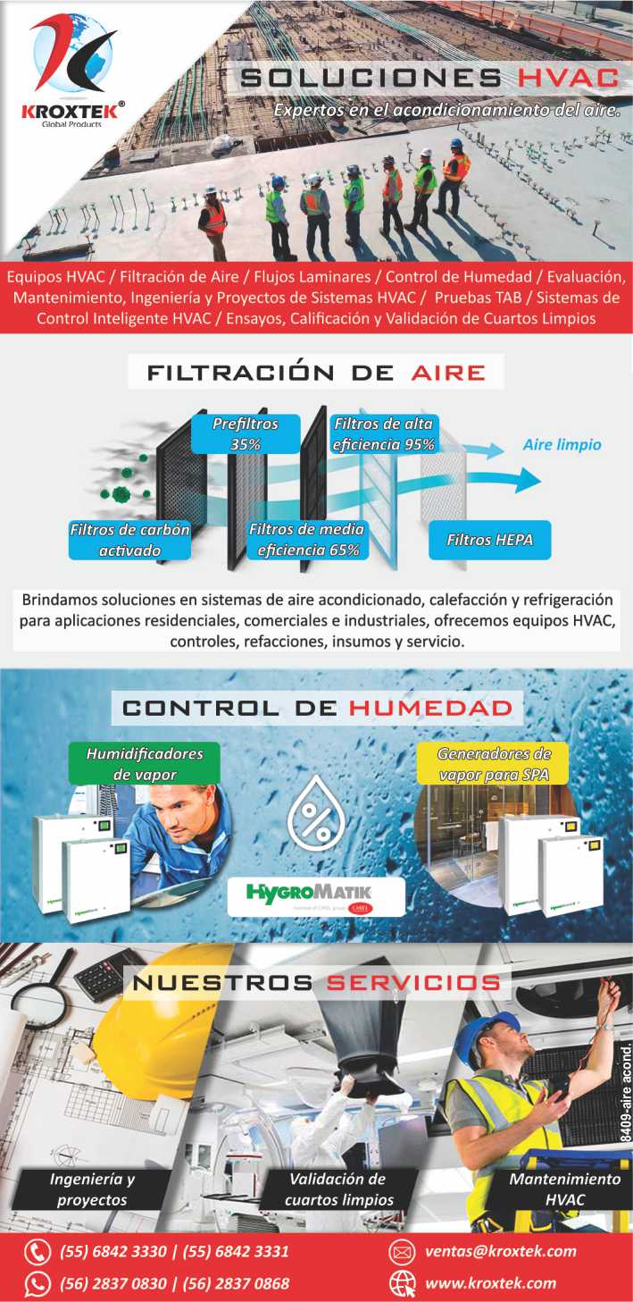 Expertos en el acondicionamiento del aire/Equipos HVAC/Filtracion de aire/Flujos laminares/Control de humedad/Evaluacion/Mantenimiento/Ingenieria/Proyectos de Sistemas HVAC